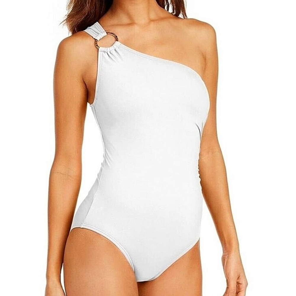 NWT Michael Kors Bone One-Shoulder Gold Accent Ring One-Piece Swimsuit Size 10